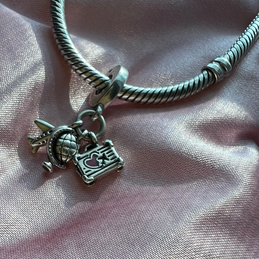 Airplane, Globe and suitcase Dangle charm